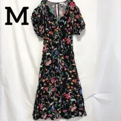 a new day【M】花柄 バルーンスリーブロングワンピース 半袖　ブラック