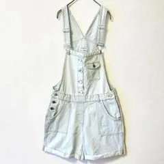 デニム サロペット ショートパンツ オーバーオール 水色 XL レディース