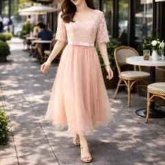 【DRESS＋】　ワンピース L ピンク チュール レース マキシ丈 春 お洒落