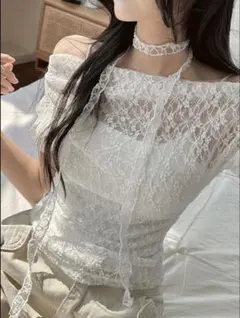 オフショルダー レーストップス チョーカー付き