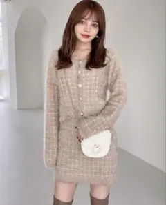 チェック柄カーディガンXミニスカートシャギーニットセットアップ[dr483]