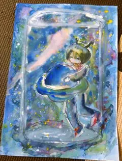 手描きイラスト コップの中の小さな宇宙 水彩画
