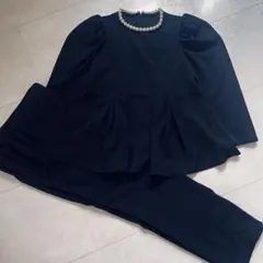 ルイルエブティック パールブラウス　テーパードパンツ　セットアップ 黒　L