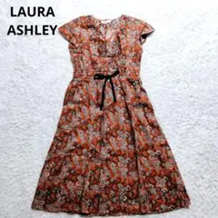 ローラアシュレイ　ワンピース　カシュクール風　総柄　ペイズリー　麻　刺繍　ミモレ