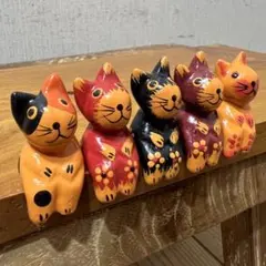 バリ猫5匹組B 猫の木彫り人形 バリ雑貨 バリ島 アジアン雑貨 バリネコ セットのサムネイル