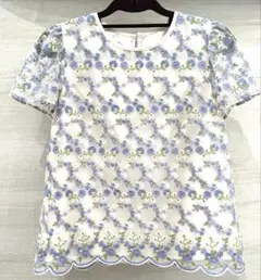 ボンメンスリー 花柄刺繍 半袖ブラウス シアー フラワー レースのサムネイル