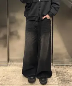 極美品 サイドベルトワイドフレアデニムパンツ【MASONPRINCE】グレーXS