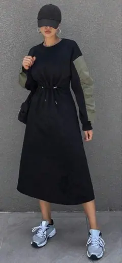 ドロストロングワンピース ブラック×カーキ