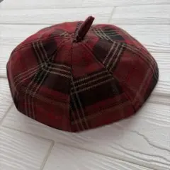 チェック柄　ベレー帽　レディース　レッド　赤