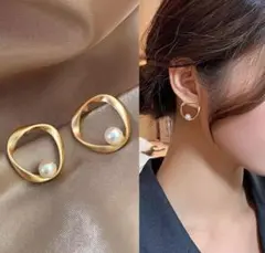 ゴールド ツイストデザイン パールピアス 韓国 オルチャン 高見え パール