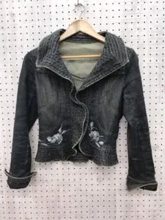 Y2K 古着 花ペイント ラインストーン 装飾 フリルカラー デニム ジャケット