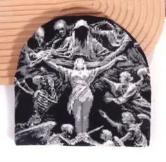 十字架 天使 骸骨 総柄 ビーニー ニット帽 ゴスロリ パンク モード ゴシック