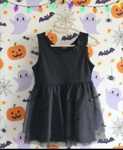 リボン付き チュール ノースリーブワンピース ブラック100　ドレス　ハロウィン