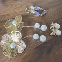 ピアス　3点セット　ゴールドの花モチーフ パールピアス