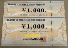 ビックカメラ 株主優待券 2000円分 (1000円×2枚)のサムネイル