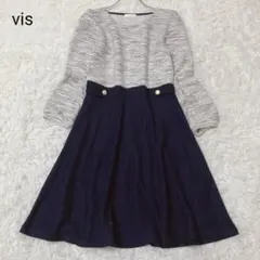 ビス　ワンピース　ネイビー　M　長袖　フレアスカート　異素材切替え　オケージョン