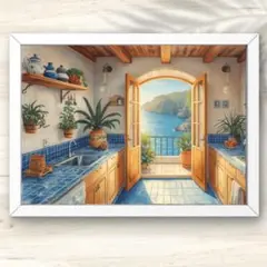 A4 カプリ島の朝光に輝く海辺のキッチン風景 油絵アート インテリアポスター