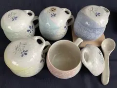 花柄5色茶碗蒸し　アラカルトカップセット　スプーン茶托付き