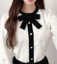 リボンタイビジューニットトップス［tt009］