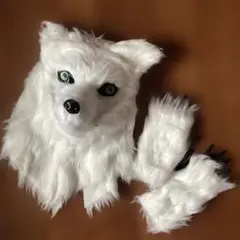 極美品 白狼 口が動く動物 オオカミ仮面マスク コスプレ被り物 爪付き手袋セット