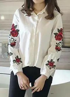 新品Ⅿ袖大振り花刺繍★清楚なシャツブラウス♪★白M