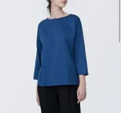 天竺編みボートネック七分袖Tシャツ　ブルー系　婦人