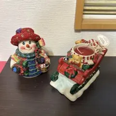 クリスマス飾り　雪だるま オルゴール　キャンドルホルダーソリ 陶器製　ろうそく