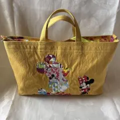 ハンドメイド トートバッグ イエロー 刺繍入り