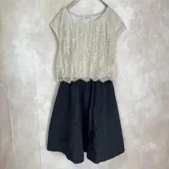 【美品】ローズバッド レース切替ワンピース フレンチスリーブ ベージュ 黒 Fのサムネイル