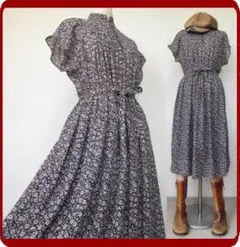 古着レトロVintage黒小花柄ワンピ♪昭和70年代日本製Japanヴィンテージ