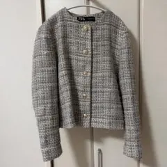 ZARA ツイード ノーカラージャケット L 新品タグ付 金ボタン