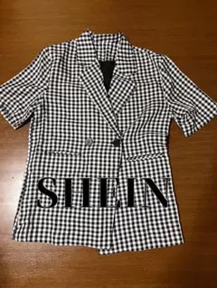 SHEIN シーン ギンガムチェック テーラードジャケット 半袖 ブラック 白のサムネイル
