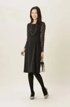 ナチュラルビューティーベーシック ワンピース ドレス 黒 レーススリーブ M