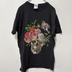 デルタ 薔薇ドクロ柄 Tシャツ クルーネック半袖 S 黒 コットン お出かけのサムネイル