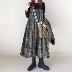 キャミワンピ ドッキングワンピース　ロングワンピース　ギャザー　チェック