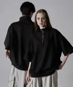 CLEL ハーフジップデザイン半袖プルオーバーTシャツ ブラック Mサイズ