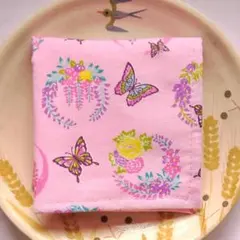 リネン麻100%✕綿100% ハンカチ 新品 藤の花 胡蝶 アゲハ 牡丹