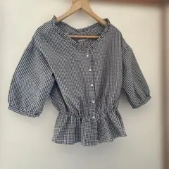 ギンガムチェック五分袖シャツ M