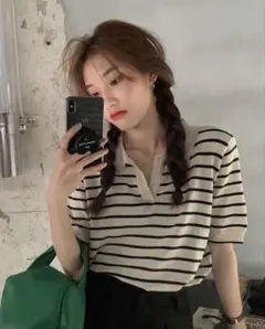 ストライプ ポロシャツ Vネック