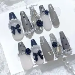 ネイルチップ 現品 オーダー スナ系 量産型 ちゅるん 地雷 バレエコア 白黒