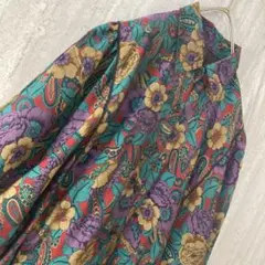 ヴィンテージ ブラウス 花柄 ペイズリー レトロ ガーリー 緑 レッド 紫