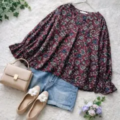 Willful by Lipstar ꕤ 植物圖案剪裁上衣 褶皺 總圖案 喇叭袖