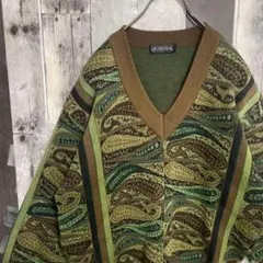 ヴィンテージ古着　Vネック　セーター　ニット　ペイズリー柄　M　グリーン　総柄