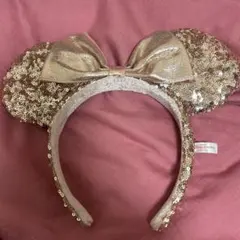 ゴールドスパンコールミッキー耳カチューシャ ピンクゴールド ミニー