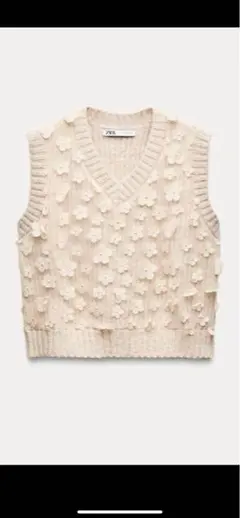 お値下げ！ZARA ザラ　コンビーフラワーニットベストVネックMサイズ　ベージュ