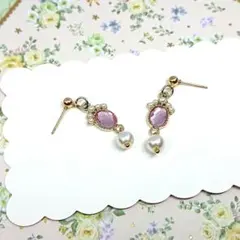 No.428☆パール付オーバル（ピンク） ピアス イヤリング マスクチャーム