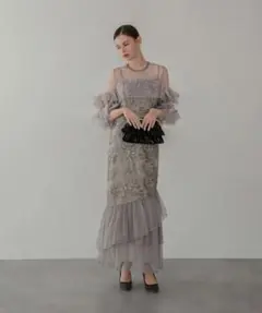 Leja フラワースパンコールチュールフリルスリーブIラインワンピースドレス　S