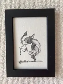 ボストンテリアカンバックサーモン手描きイラスト原画