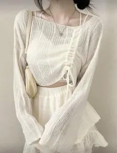 SHEIN 韓国 ソフトニットプルオーバー　ドローストリング　ホワイト