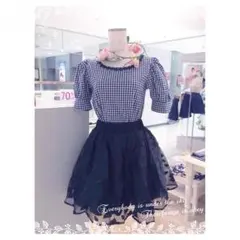 evelyn チェックパフ袖トップス（グレー）